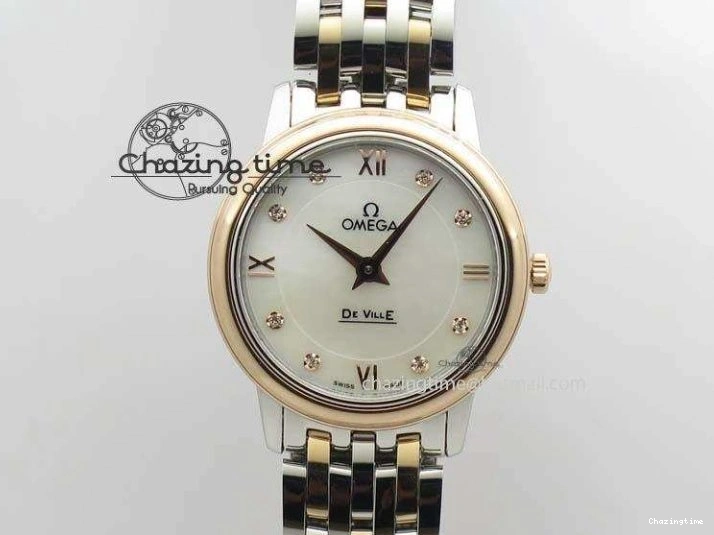 0426 De Ville 27mm SS RG Ladies MK 1:1 Best Edition White MOP Dial Diamond Markers On SS Bracelet Ronda Quartz Chic 8198